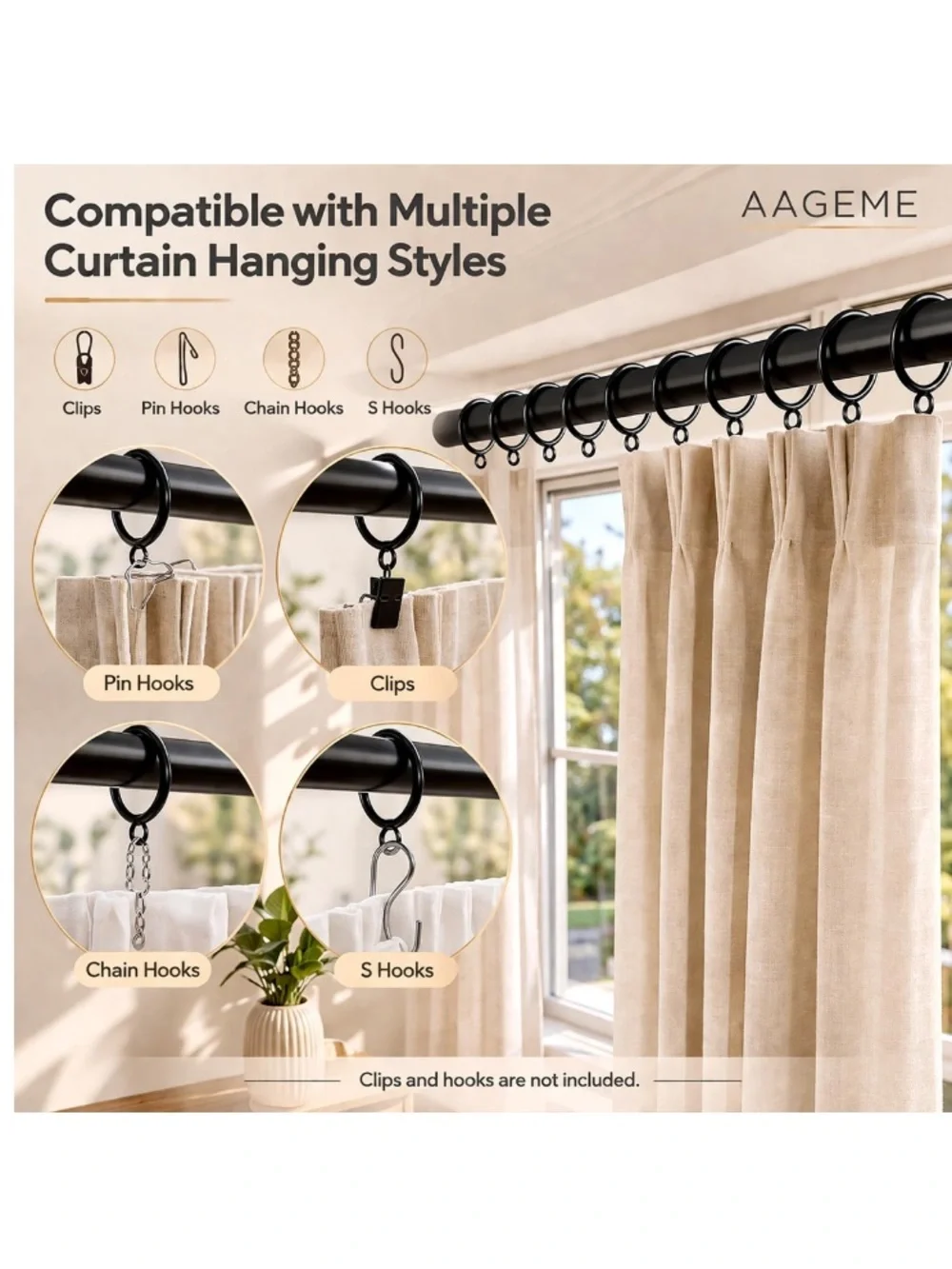 BLACK DRAPERY RINGS Metal Curtain Rings with Eyelet (fits up to 1” rod) 60pc.